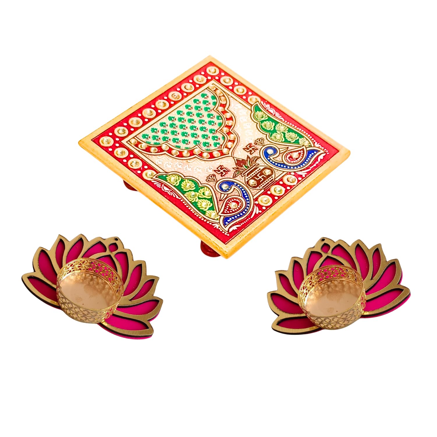 Buy Handcrafted Marble Pooja Chowki 4x4 Inch with 2 Lotus Tealight